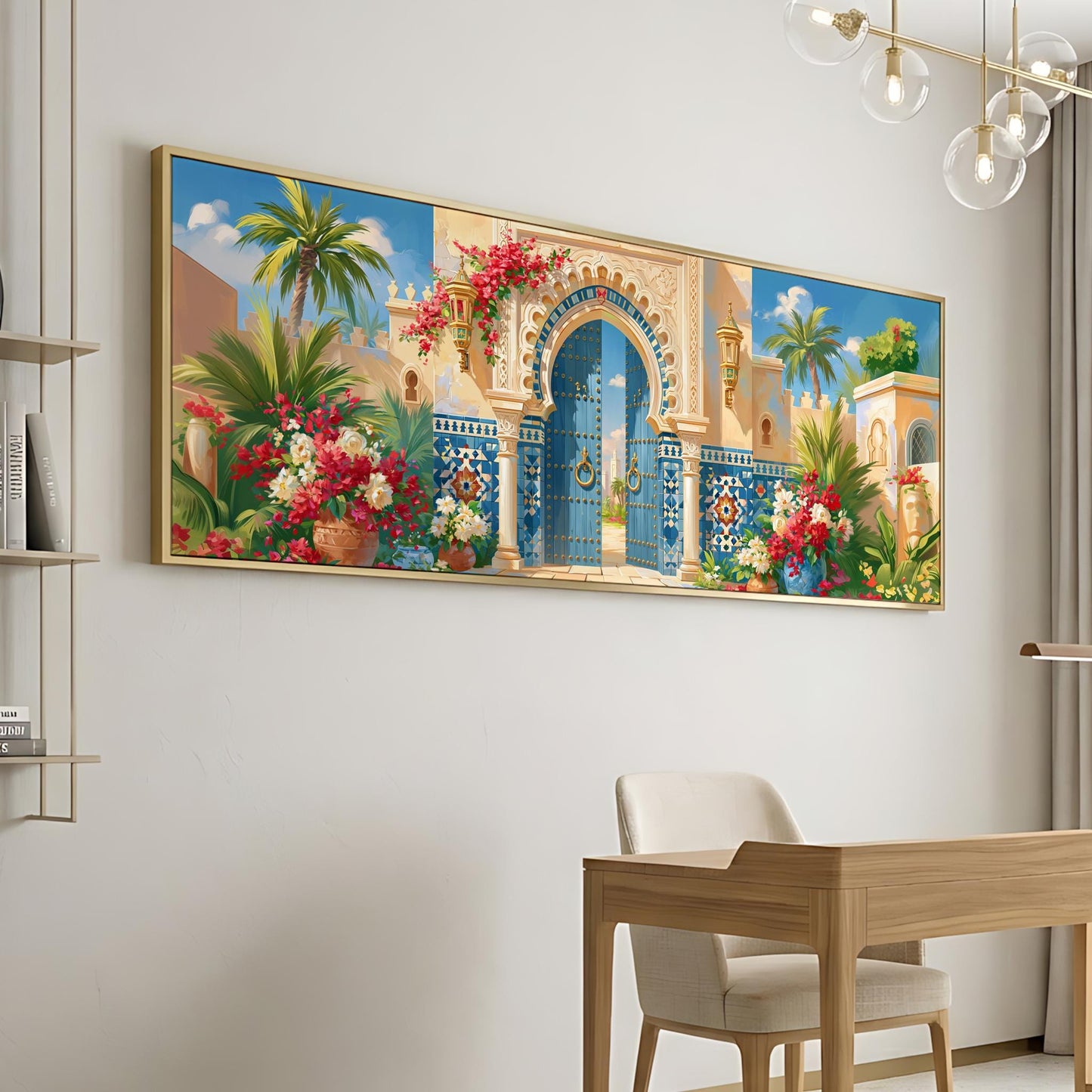 a large, colorful painting of an ornate, arched doorway with a blue gate, surrounded by tropical plants and flowers. The painting is hung on a white wall above a wooden desk and chair, creating a visually appealing and vibrant atmosphere in the room.