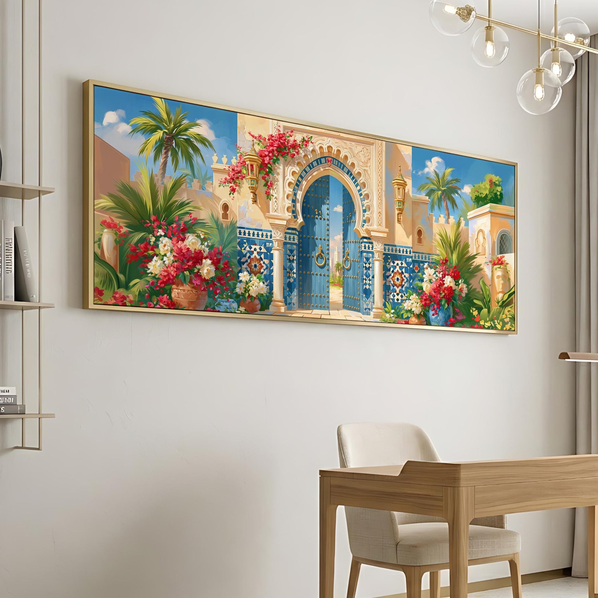 a large, colorful painting of an ornate, arched doorway with a blue gate, surrounded by tropical plants and flowers. The painting is hung on a white wall above a wooden desk and chair, creating a visually appealing and vibrant atmosphere in the room.