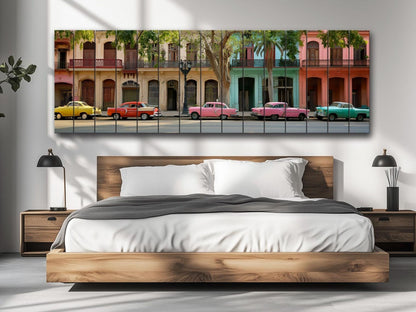 A large, colorful collage of various cars parked on a street, with a wooden bed frame in the foreground.