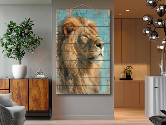 Wood Wall Art – Majestic Lion Wood Print | Rustic Wildlife Wall Decor