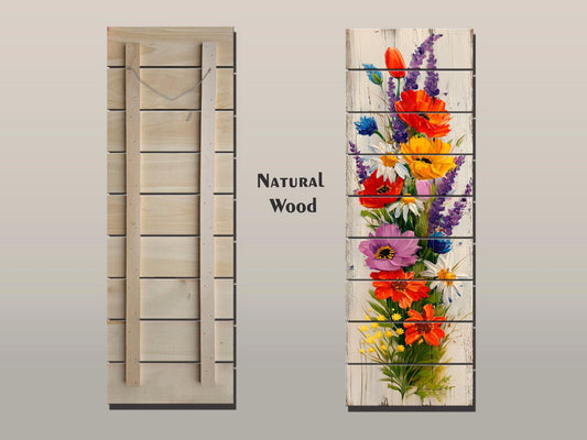 Rustic Wildflowers Bouquet Print on Natural Wood, Cozy Cabin Wall Decor, Floral Wood Wall Art, Wildflowers Painting, Colorful Floral Print