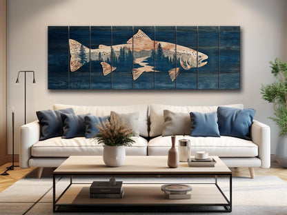Trout Silhouette with Pine Forest Print on Wood, Rustic Fishing Wall Art