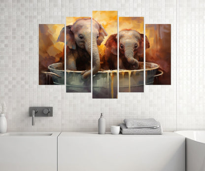 Cute Elephants in the Bathtub Canvas Print, Bathroom Wall Decor, Framed and Ready to Hang