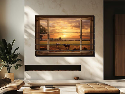 Rustic Wood Wall Art – Open Window Farmhouse Landscape Decor on Natural Wood Planks