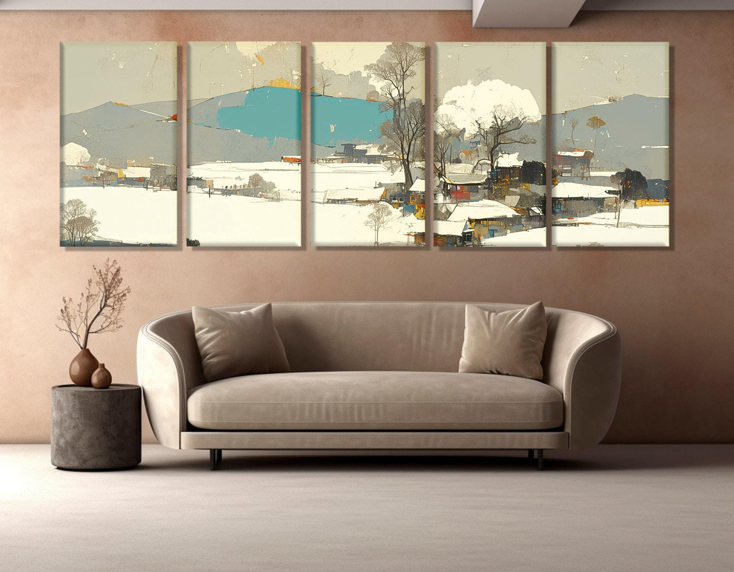 Modern Chinese Painting Canvas Print, Abstract Winter Landscape, Contemporary Chinese Wall Art, Asian Village, Framed and Ready to Hang