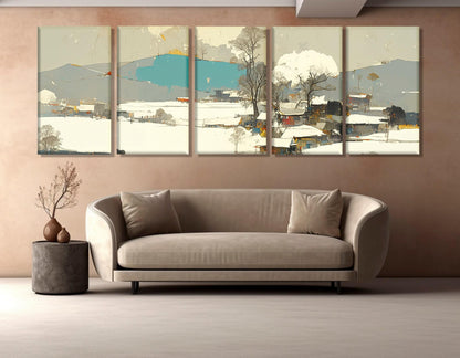 Modern Chinese Painting Canvas Print, Abstract Winter Landscape, Contemporary Chinese Wall Art, Asian Village, Framed and Ready to Hang