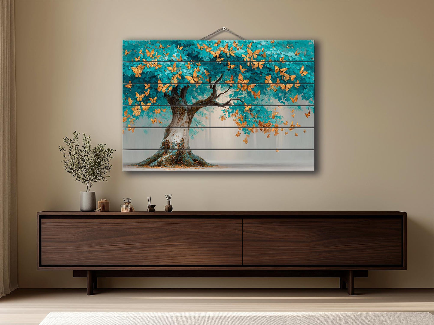 Tree Butterfly Wall Art – Abstract Tree Art Gold Turquoise Wood Wall Decor