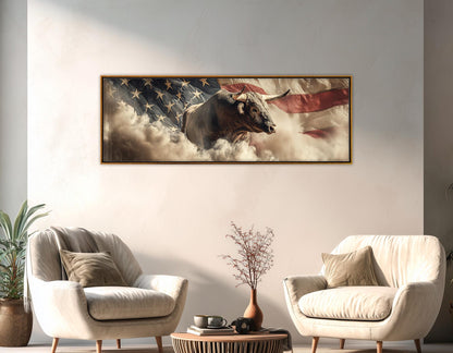 Rodeo Bull on the US Flag Canvas Print, Western Wall Art, Framed and Ready to Hang