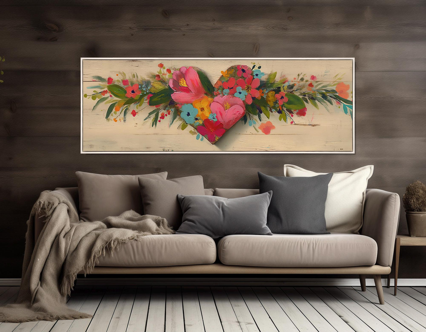 Rustic Floral Heart Canvas - Framed Gallery Wrapped Wall Art, Ready to Hang