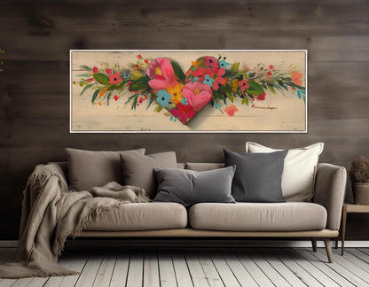 Rustic Floral Heart Canvas - Framed Gallery Wrapped Wall Art, Ready to Hang
