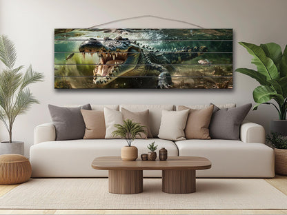 Crocodile Wood Wall Art – Natural Wood Print | Rustic Wooden Wall Decor