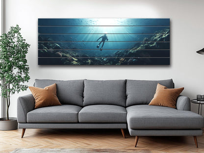 Ocean Wall Art – Natural Wood Print | Diving Art Print on Rustic Wood Planks
