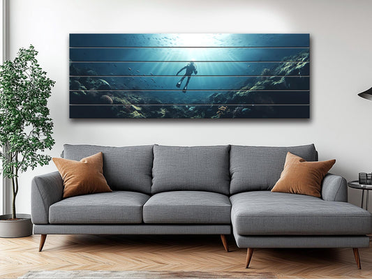 Ocean Wall Art – Natural Wood Print | Diving Art Print on Rustic Wood Planks