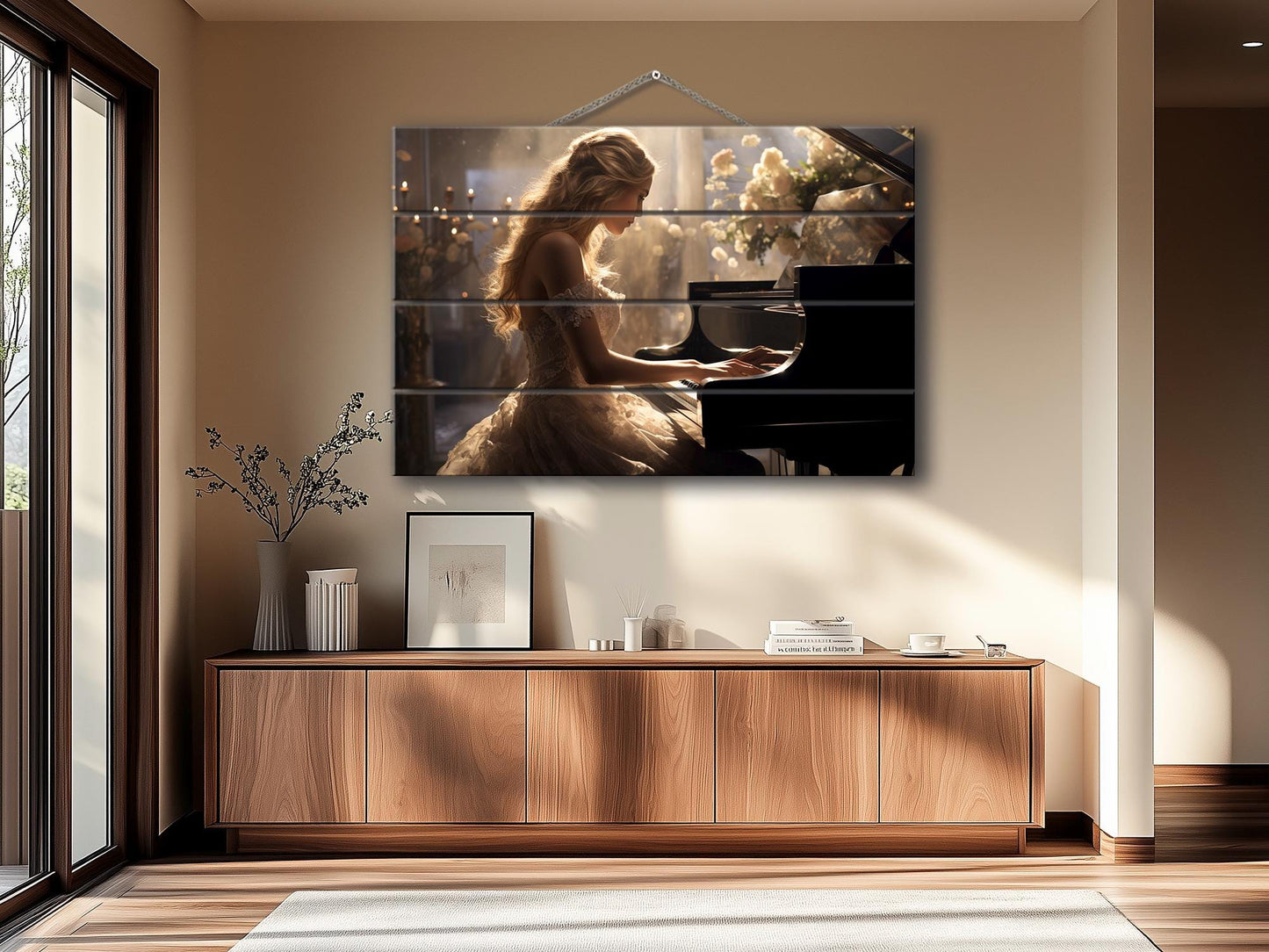 Rustic Piano Wall Art - Wooden Piano Print of Pianist Girl, Framed & Ready to Hang