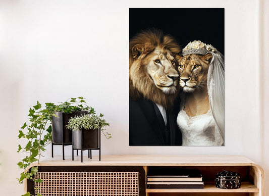 Newlyweds Canvas Print – Lion Couple Artwork | Framed & Ready to Hang Wedding Wall Art