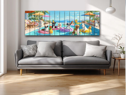 Dog Pool Wall Art – Colorful Summer Dog Print on Natural Wood – Playful Party Scene