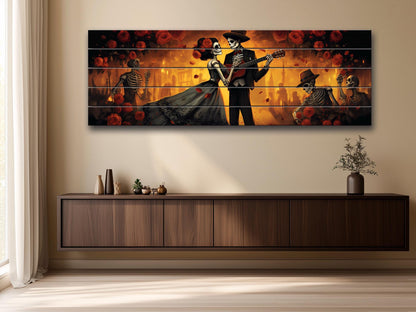 Day of the Dead Dancing Print On Natural Wood -Mexican Wall Art