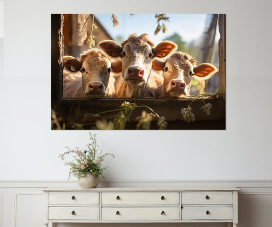 Cute Сalves Canvas Art, Cows Print, Calf Poster, Farm Wall Art, Framed and Ready to Hang