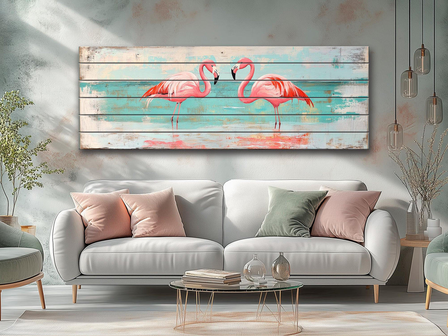 Flamingo Couple Print on Natural Wood, Romantic Wall Art, Rustic Flamingo Painting, Flamingo Wall Art, Soft Tones Bedroom Wall Decor
