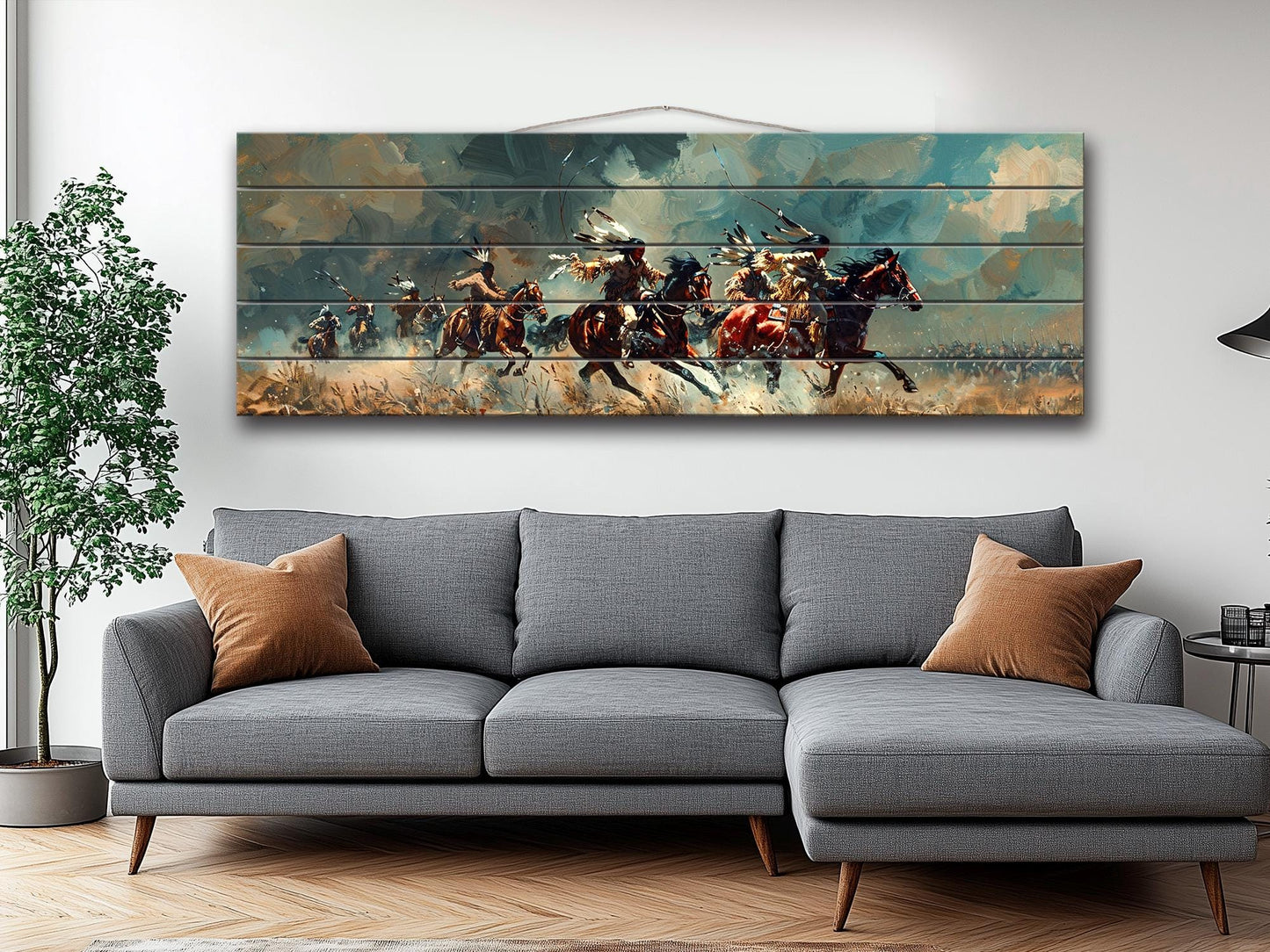 Native Americans Wood Print - UV Printed Wood Panel with Horseback Battle Scene