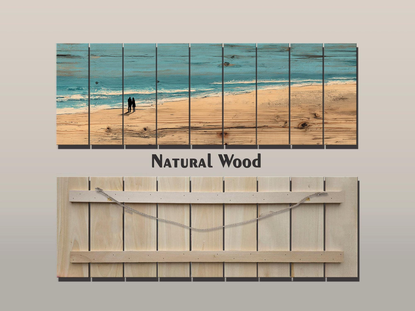 Coastal Wall Art – Wooden Coastal Print of Couple Walking on Beach House Decor