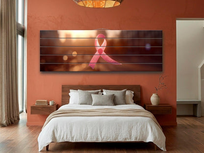 Pink Ribbon Print on Wood, Breast Cancer Symbol of Hope Art, Hospital Wall Decor