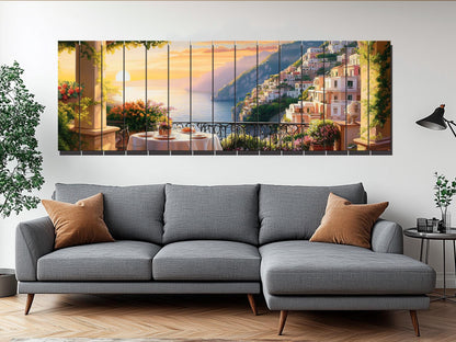 Amalfi Coast Wall Art – Panoramic Italian Landscape Wood Print on Wood with Rustic Texture
