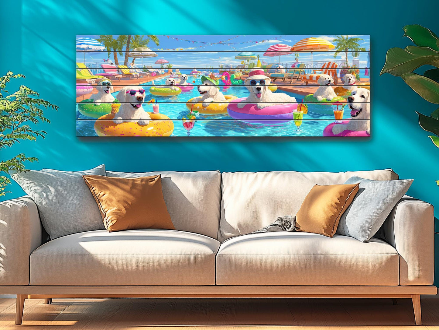 Golden Retriever Wall Art – Playful Pool Party Dog Print on Rustic Wood
