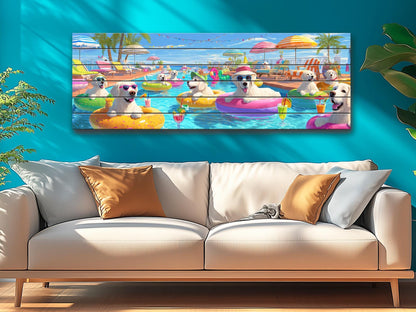 Golden Retriever Wall Art – Playful Pool Party Dog Print on Rustic Wood