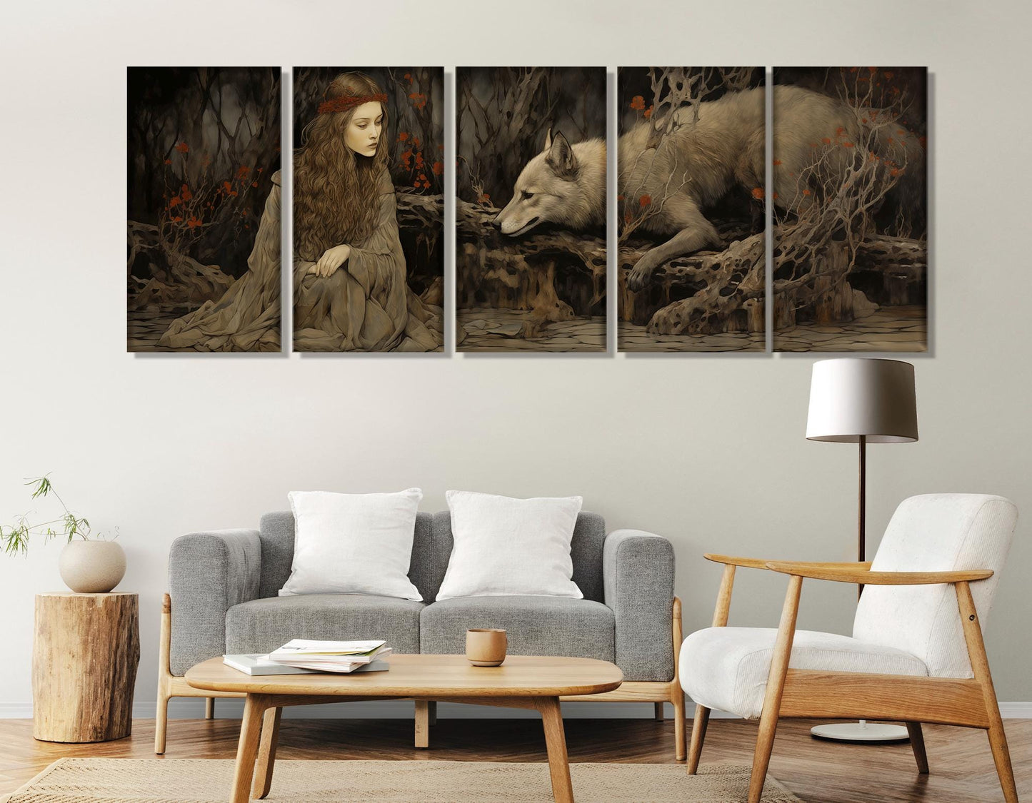 Woman and Wolf Painting Canvas Print, Fantasy Wall Art, Abstract Wolf Canvas Art, Lady and Wolf Poster, Framed and Ready to Hang