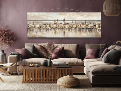 Zurich Skyline Wood Print – Rustic Wall Art with Lake Reflections Painting
