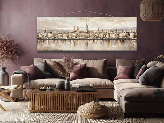Zurich Skyline Wood Print – Rustic Wall Art with Lake Reflections Painting
