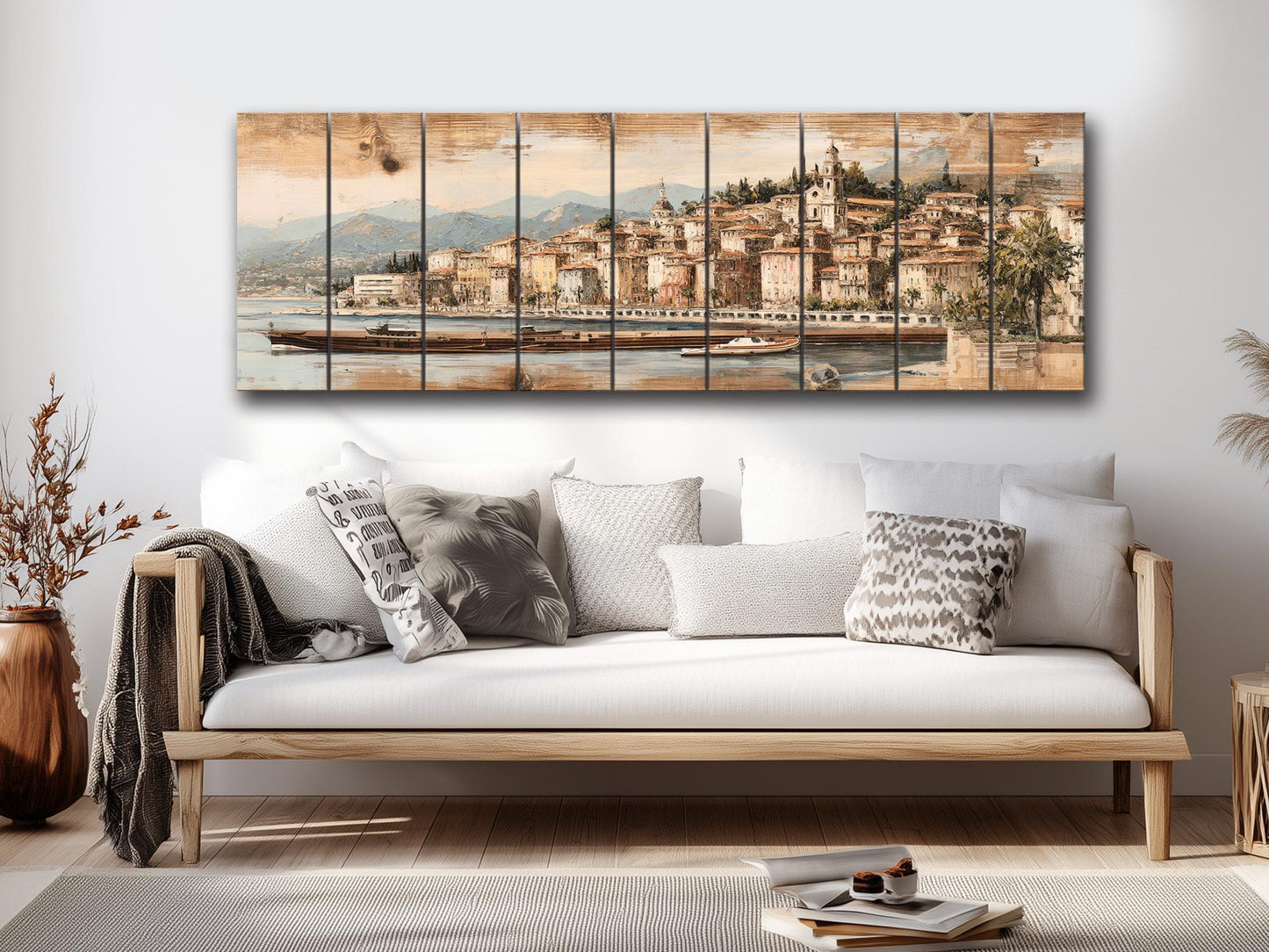French Riviera Wood Print – Rustic Wall Art With Beige Pastel Painting On Distressed Wood