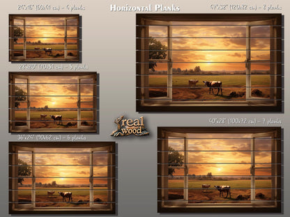 Rustic Wood Wall Art – Open Window Farmhouse Landscape Decor on Natural Wood Planks