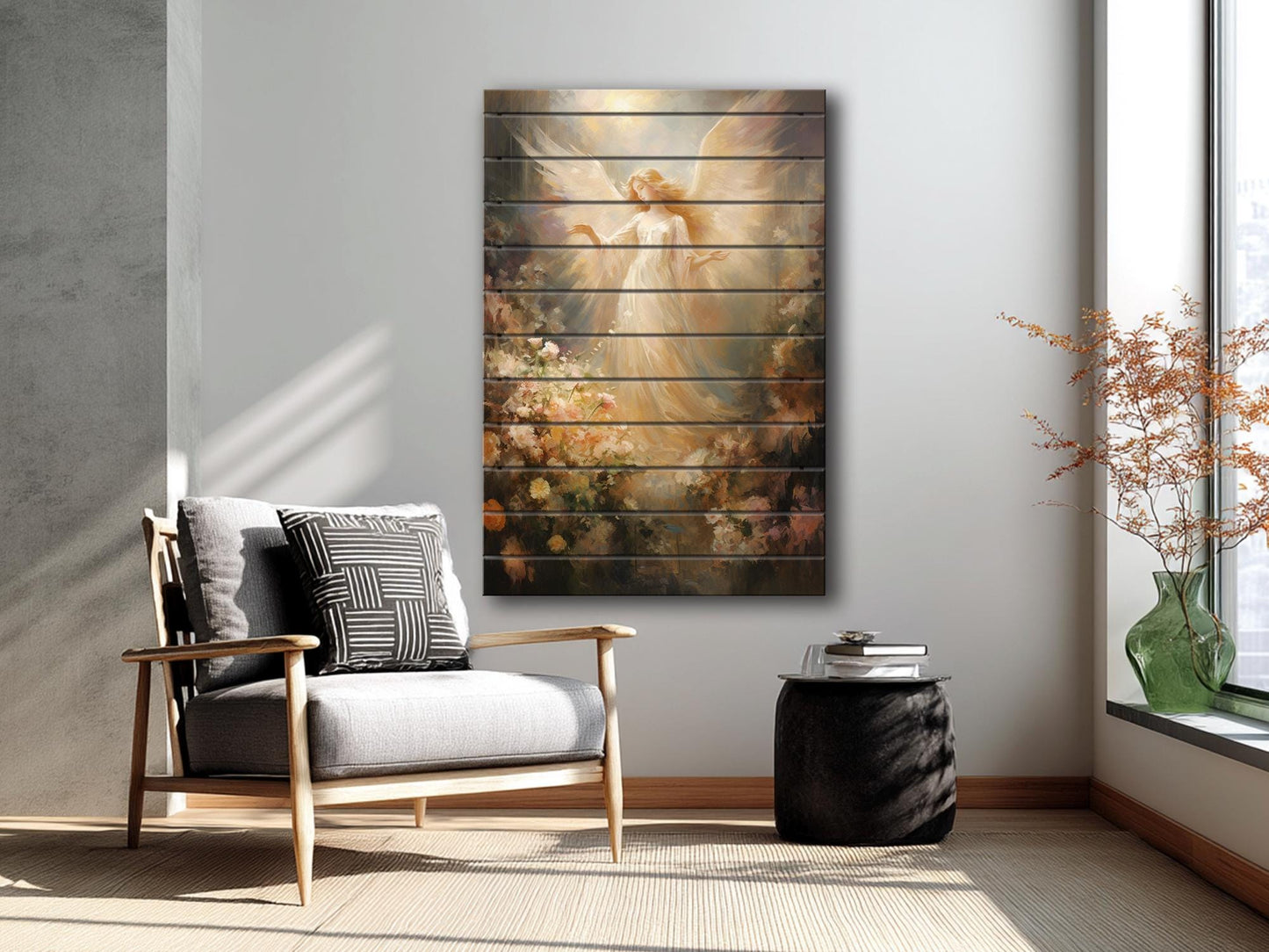 Angel Wood Print – Rustic Spiritual Art on Natural Wood Planks | Religious Wall Decor
