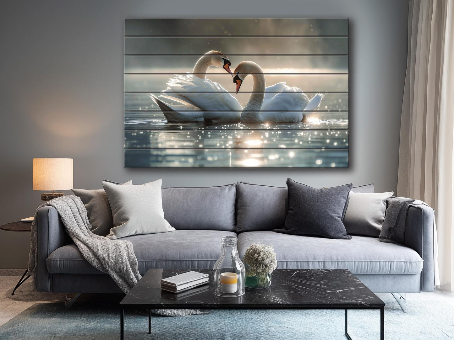 Wood Wall Art - Swans Couple Painting on Natural Wood Planks | Romantic Anniversary Gift