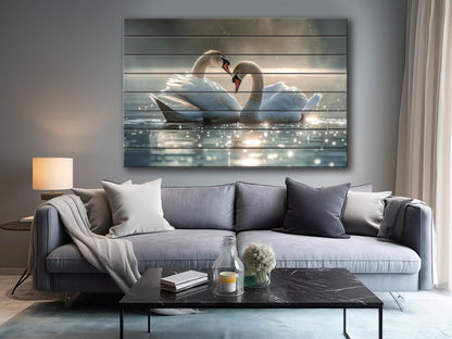 Wood Wall Art - Swans Couple Painting on Natural Wood Planks | Romantic Anniversary Gift