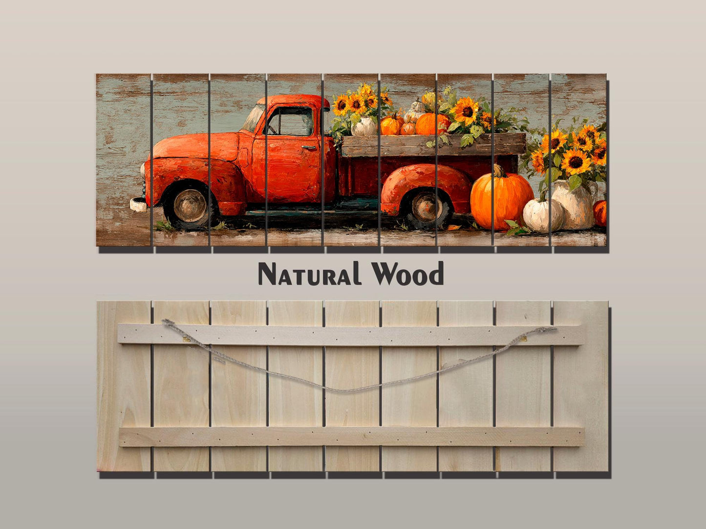 Rustic Wood Wall Art - Vintage Pickup Truck Print on Wood Plank with Pumpkins & Sunflowers