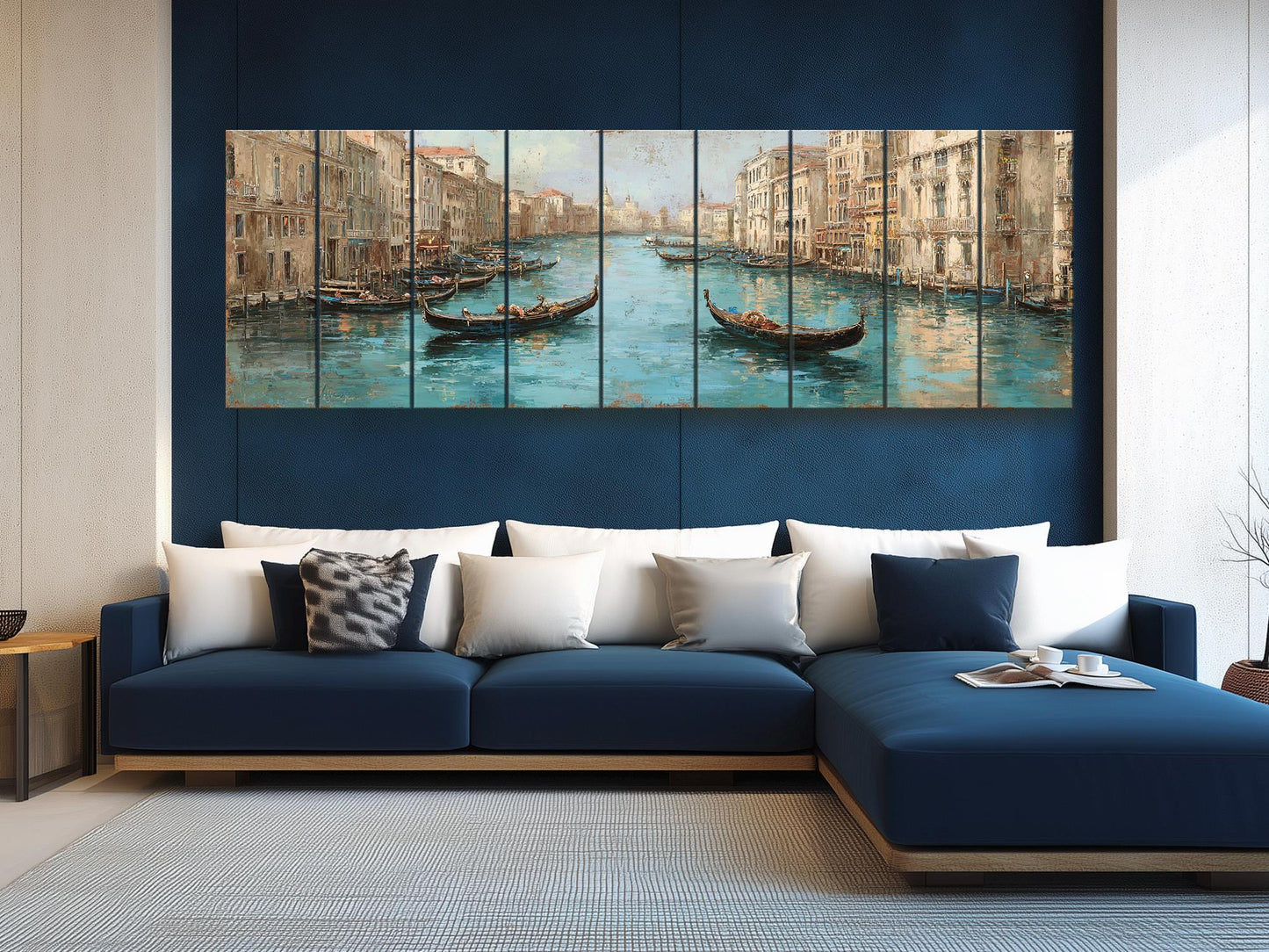 Venice Canal Painting – Turquoise Beige Gondola Art Print on Wooden Wall Decor