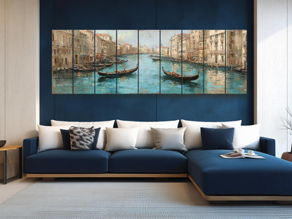 Venice Canal Painting – Turquoise Beige Gondola Art Print on Wooden Wall Decor