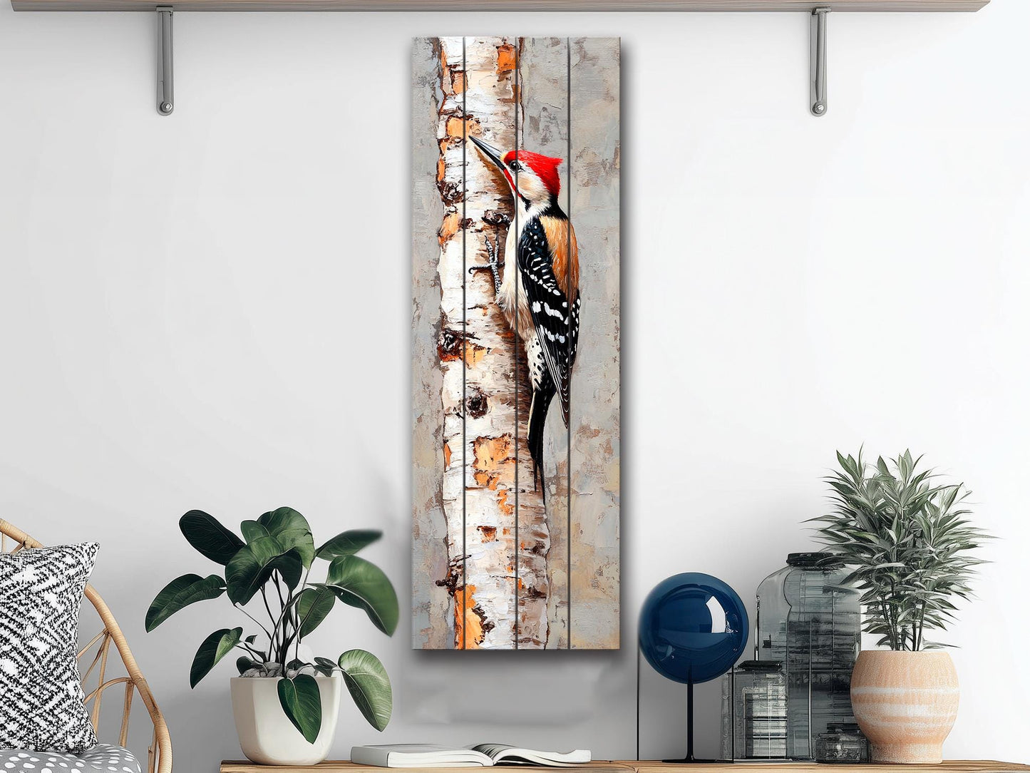 Wood Wall Art – Rustic Woodpecker Wall Hanging on Birch – Cozy Cabin Decor