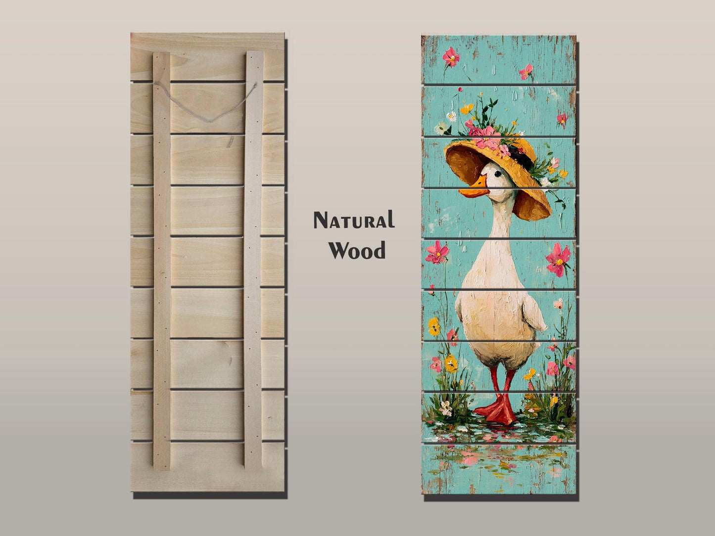 Rustic Wood Wall Art – Country Duck in Hat Printed on Wood – Rustic Spring Wall Art – Farmhouse Animal Decor
