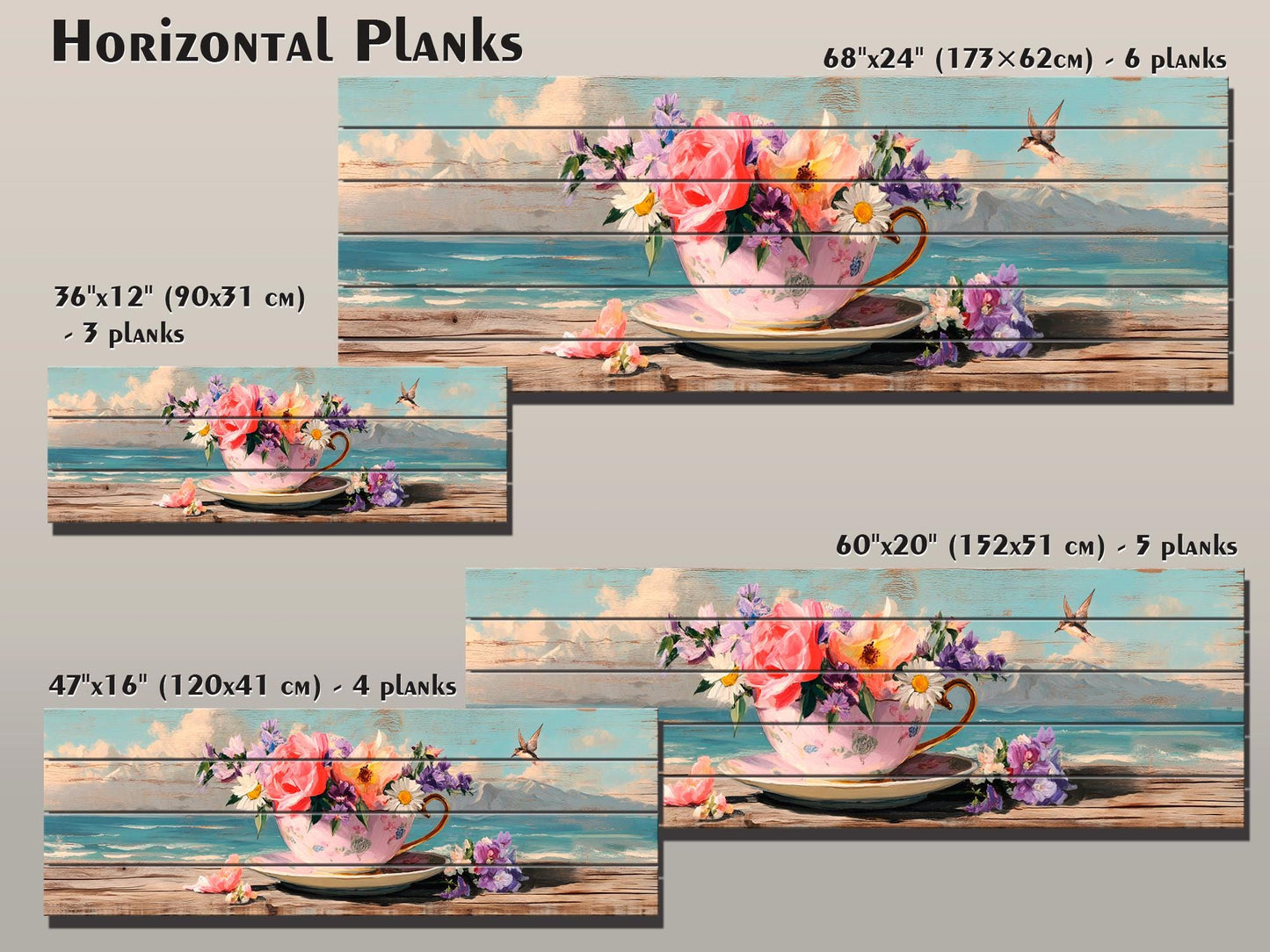 Wood Wall Art – Vintage Floral Teacup Print | Coastal View Artwork on Natural Wood