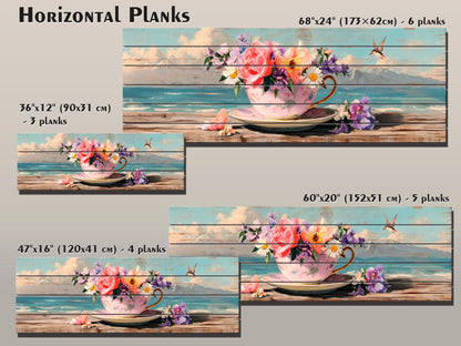 Wood Wall Art – Vintage Floral Teacup Print | Coastal View Artwork on Natural Wood