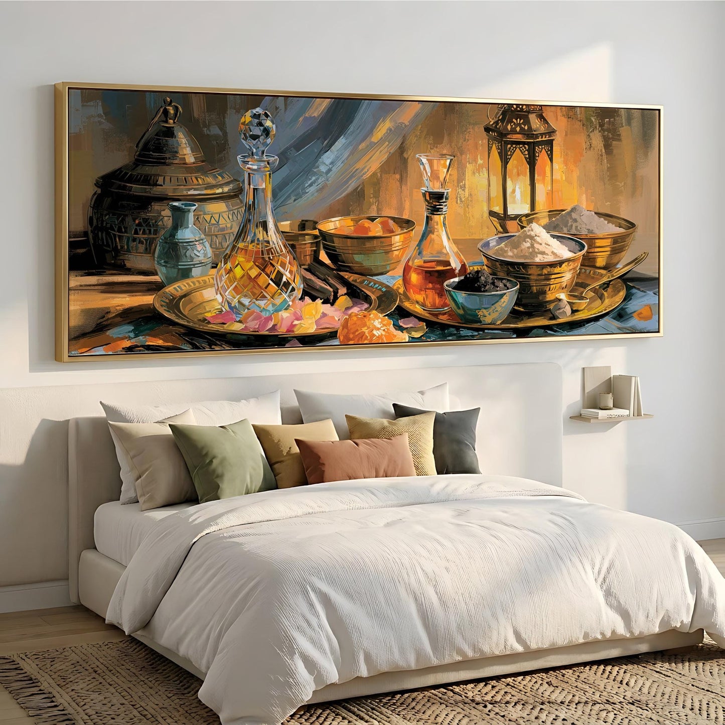 a large painting of a table with various objects, including a vase, bowls, and a lamp, displayed on the wall above a bed with white bedding.