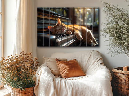 Wooden Wall Art – Orange Cat Sleeping On Piano | Natural Wood Print Decor
