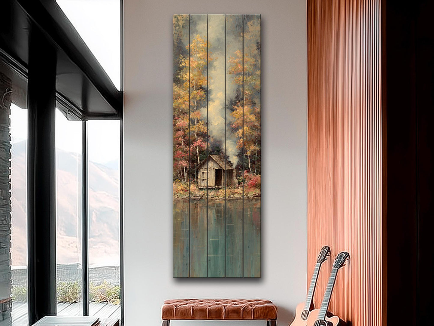 Wood Wall Art - Lakeside Fishing Cabin Wall Art – Autumn Forest Print on Wood – Cozy Lake House Decor, Rustic Natural Wall Decor