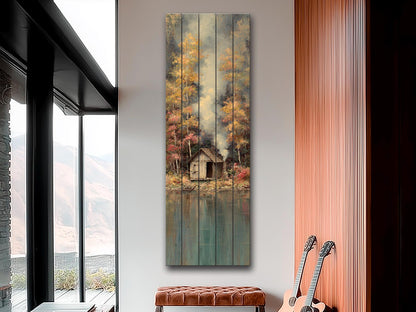 Wood Wall Art - Lakeside Fishing Cabin Wall Art – Autumn Forest Print on Wood – Cozy Lake House Decor, Rustic Natural Wall Decor