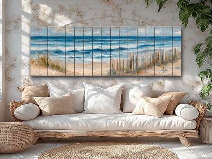 Serene Coastal Scene with Rolling Waves and Sandy Dunes Print on Wood, Seaside Grass, Beach Wall Art, Beach Cabin Decor, Wood Wall Art