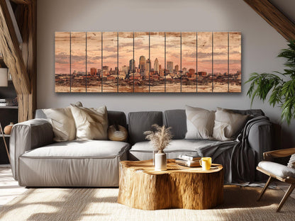 Kansas City Wood Print – Panoramic Skyline Painting on Distressed Wood Art
